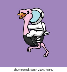 Cute Astronaut Riding With Ostrich Cartoon Vector Icon Illustration. Science Animal Icon Concept Isolated Premium Vector. Flat Cartoon Style