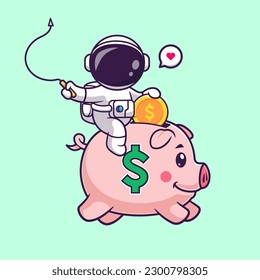 Cerdo Astronauta Con Moneda De Oro Ilustración De Icono De Vector De Caricatura. Vector Premium Aislado De Concepto De Icono De Finanzas Científicas. Estilo de dibujo plano