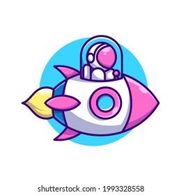 Cute astronaut riding a pink rocket cartoon