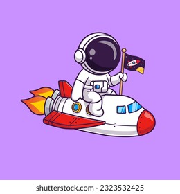 Cute Astronaut Riding Plane With Rocket Flag In Space Cartoon Vector Icon Illustration. Science Technology Icon Concept Isolated Premium Vector. Flat Cartoon Style