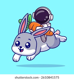 Cute Astronaut Riding Rabbit With Carrot Cartoon Vector Icon Illustration. Science Animal Icon Concept Isolated Premium Vector. Flat Cartoon Style