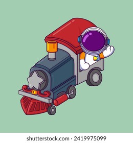 Cute astronaut riding a real size toy train cartoon character of illustration svg