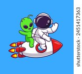 Cute Astronaut Riding Rocket With Alien Cartoon Vector Icon Illustration. Science Technology Icon Concept Isolated Premium Vector. Flat Cartoon Style