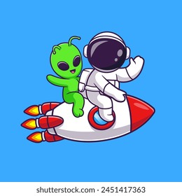 Cute Astronaut Riding Rocket With Alien Cartoon Vector Icon Illustration. Science Technology Icon Concept Isolated Premium Vector. Flat Cartoon Style