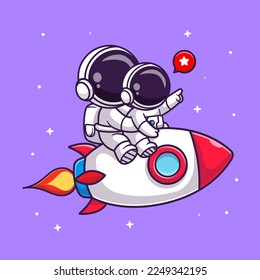 Cute Astronaut Riding Rocket With Baby Astronaut In Space Cartoon Vector Icon Illustration. Science Technology Icon Concept Isolated Premium Vector. Flat Cartoon Style