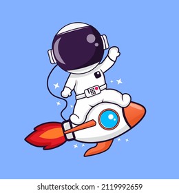 Cute Astronaut Riding Rocket Cartoon Vector Icon Illustration