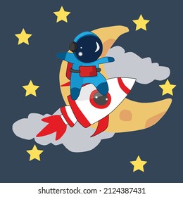 Cute Astronaut Riding Rocket Cartoon Vector Icon Illustration.