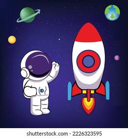 Cute Astronaut Riding Rocket Cartoon Vector Icon Illustration.Cartoon space set of astronaut, rocket and planets. Astronaut floating in the space. 