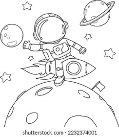 Cute Astronaut Riding Rocket Cartoon Vector Illustration. Coloring page of astronaut in space. Black and white vector illustration for coloring book