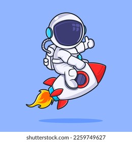 Cute Astronaut Riding Rocket Cartoon Vector Icon Illustration. 