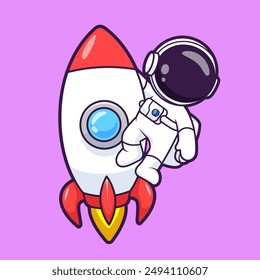 Lindo Astronauta Montando Cohete Dibujo Animado Vector Ilustración. Concepto de ícono de Tecnología de Ciencia Vector de Premium aislado. Estilo plano de dibujos animados