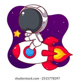 Cute astronaut riding rocket cartoon character. Space and science concept design. Hand drawn flat adorable chibi vector illustration. Icon logo mascot isolated background.
