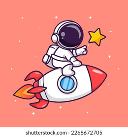 Cute Astronaut Riding Rocket Catching Star Cartoon Vector Icon Illustration. Science Technology Icon Concept Isolated Premium Vector. Flat Cartoon Style