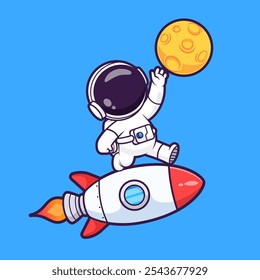 Cute Astronaut Riding Rocket Catching Moon Cartoon Vector Icon Illustration. Science Technology Icon Concept Isolated Premium Vector. Flat Cartoon Style