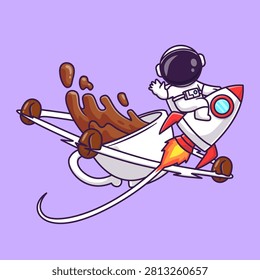Cute Astronaut Riding Rocket With Coffee Planet Cartoon Vector Icon Illustration. Science Drink Icon Concept Isolated Premium Vector. Flat Cartoon Style