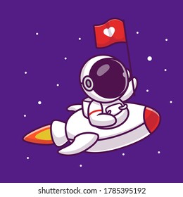 Cute Astronaut Riding Rocket With Love Flag Cartoon Vector Icon Illustration. People Science Space Icon Concept Isolated Premium Vector. Flat Cartoon Style