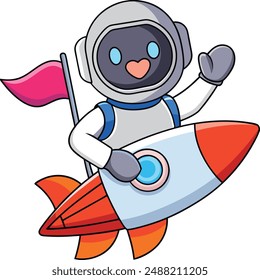 Cute Astronaut Riding Rocket With Love Flag Cartoon Vector Kawaii Icon. People Science Space Illustration