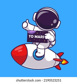 Cute Astronaut Riding Rocket To Mars Cartoon Vector Icon Illustration Science Technology Icon Concept Isolated Premium Vector. Flat Cartoon Style