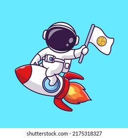 Cute Astronaut Riding Rocket With Moon Flag Cartoon Vector Icon Illustration. Science Technology Icon Concept Isolated Premium Vector. Flat Cartoon Style