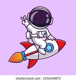 Cute Astronaut Riding Rocket With Peace Sign Hand Cartoon Vector Icon Illustration. Science Technology Icon Concept Isolated Premium Vector. Flat Cartoon Style