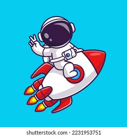 Cute Astronaut Riding Rocket With Peace Hand In Space Cartoon Vector Icon Illustration. Science Technology Icon Concept Isolated Premium Vector. Flat Cartoon Style