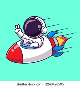 Cute Astronaut Riding Rocket With Peace Hand In Space Cartoon Vector Icon Illustration. Science Technology Icon Concept Isolated Premium Vector. Flat Cartoon Style