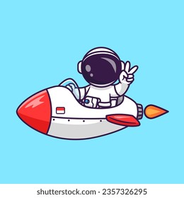 Cute Astronaut Riding Rocket With Peace Hand Cartoon Vector Icon Illustration. Science Technology Icon Concept Isolated Premium Vector. Flat Cartoon Style