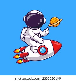 Cute Astronautenreitrakete mit Planet Cartoon Vektorsymbol Illustration. Science Technology Icon Konzept isolierter Premium-Vektorgrafik. Flachbildkartonstil