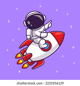 Cute Astronaut Riding Rocket And Pointing Star In Space Cartoon Vector Icon Illustration. Science Technology Icon Concept Isolated Premium Vector. Flat Cartoon Style