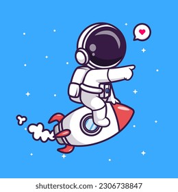 Cohetes De Astronauta Aburrido Y Apuntar En Ilustración De Icono De Vector De Caricatura Espacial. Concepto de icono de la tecnología de la ciencia Vector Premium aislado. Estilo de dibujo plano