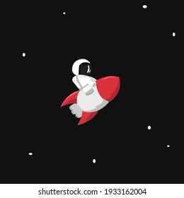 Cute astronaut riding a rocket in space background with stars. For space, science, astronaut content. Flat cartoon, flat design, flat character mascot.