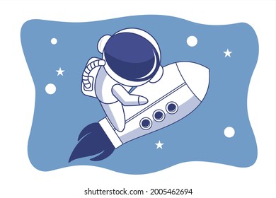 Cute Astronaut. Astronaut riding a rocket in space on a blue background full of stars and planets 