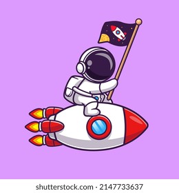 Cute Astronaut Riding Rocket With Space Flag Cartoon Vector Icon Illustration. Science Technolgy Icon Concept Isolated Premium Vector. Flat Cartoon Style