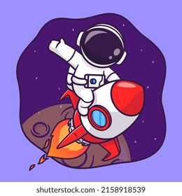Cute Astronaut Riding Rocket In Space And Waving Hand Cartoon Vector Icon Illustration Science Technology Icon Concept Isolated Premium Vector. Flat Cartoon Style