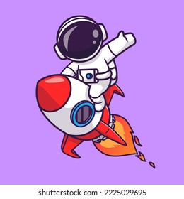 Cute Astronaut Riding Rocket In Space And Waving Hand Cartoon Vector Icon Illustration. Science Technology Icon Concept Isolated Premium Vector. Flat Cartoon Style