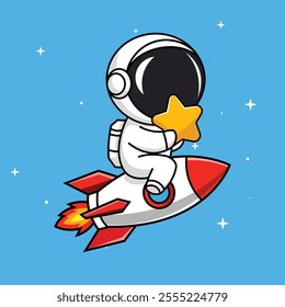 Cute Astronaut Riding Rocket with Star in Space Cartoon Vector. 