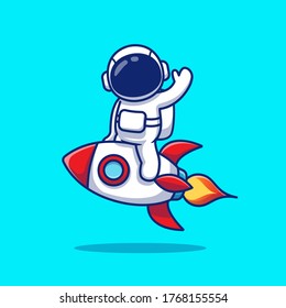 Cute Astronaut Riding Rocket And Waving Hand Cartoon Vector Icon Illustration. Space Icon Concept Isolated Premium Vector. Flat Cartoon Style 