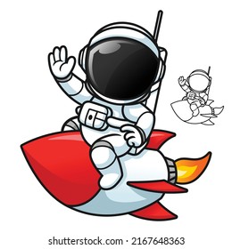 Cute Astronaut Riding a Rocket Waving His Hand with Black and White Line Art Drawing, Science Outer Space, Vector Character Illustration, Outline Cartoon Mascot Logo in Isolated White Background.