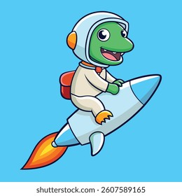 Cute Astronaut Riding Rocket And Waving Hand Cartoon Icon Illustration. Science Technology Icon Concept