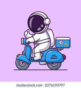 Cute Astronaut Riding Scooter with Box Cartoon Vector Icon Illustration. Science Transportation Icon Concept Isolated Premium Vector. Flat Cartoon Style