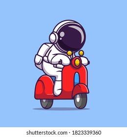 Cute Astronaut Riding Scooter Cartoon Vector Icon Illustration. Science Transportation Icon Concept Isolated Premium Vector. Flat Cartoon Style