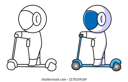 cute astronaut riding scooter coloring page for kids