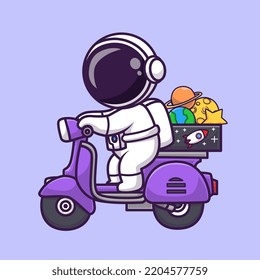 Cute Astronaut Riding Scooter With Planet Box Cartoon Vector Icon Illustration Science Transportation Icon Concept Isolated Premium Vector. Flat Cartoon Style