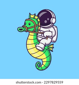 Cute Astronaut Riding Seahorse Cartoon Vector Icon Illustration. Science Animal Icon Concept Isolated Premium Vector. Flat Cartoon Style