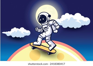 Cute Astronaut Riding skateboarding in Moon Cartoon Vector Icon Illustration. Science Food Icon Concept Isolated Premium Vector. Flat Cartoon Style