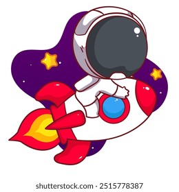 Personaje lindo de la historieta de la nave espacial de la equitación del astronauta. Diseño de concepto de espacio y ciencia. Ilustración vectorial chibi adorable plana dibujada a mano. Fondo aislado de la mascota del logotipo del icono.