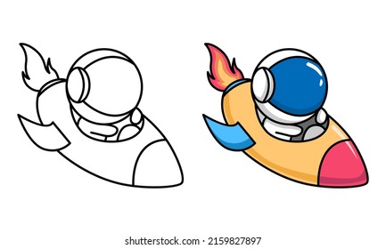 Cute astronaut riding spaceship coloring page for kids