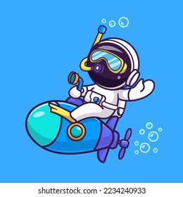 Cute Astronaut Riding Submarine With Snorkeling In Ocean Cartoon Vector Icon Illustration. Science Technology Icon Concept Isolated Premium Vector. Flat Cartoon Style