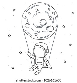 Cute astronaut riding a swing tethered to the moon.Character design.Childish vector illustration

