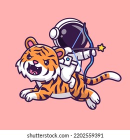 Cute Astronaut Riding Tiger With Archery Cartoon Vector Icon Illustration. Science Animal Icon Concept Isolated Premium Vector. Flat Cartoon Style